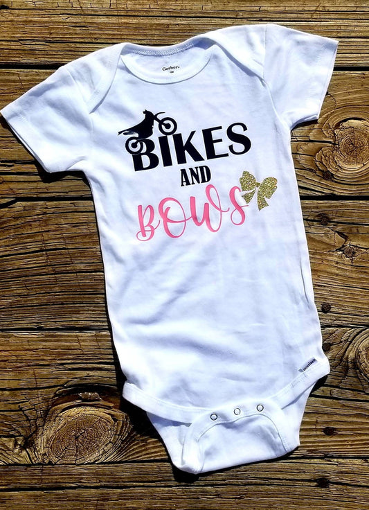 Dirt Bike and Bows Onesie, Girl Onesie with Dirt Bike, White Onesie for Girls with Dirt Bikes and Bows. 
