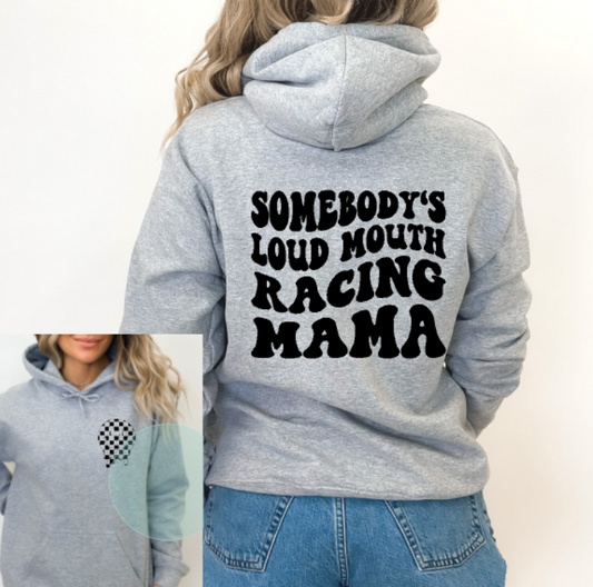 Loud Mouth Racing Mama, racing mama, dirt bike mama, moto mom, motocross mom, gildan hoodie, racing hoodie, race day, checkered smiley, smiley hoodie, loud mama, racing mama, race day hoodie, 