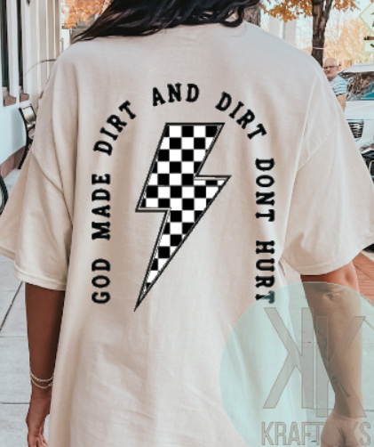 God Made Dirt and Dirt Don't Hurt, Checkered Lightning Bolt Back, Race Day Shirt, Race Day, Motocross Shirt, Moto Shirt, Dirt Bike Shirt, 