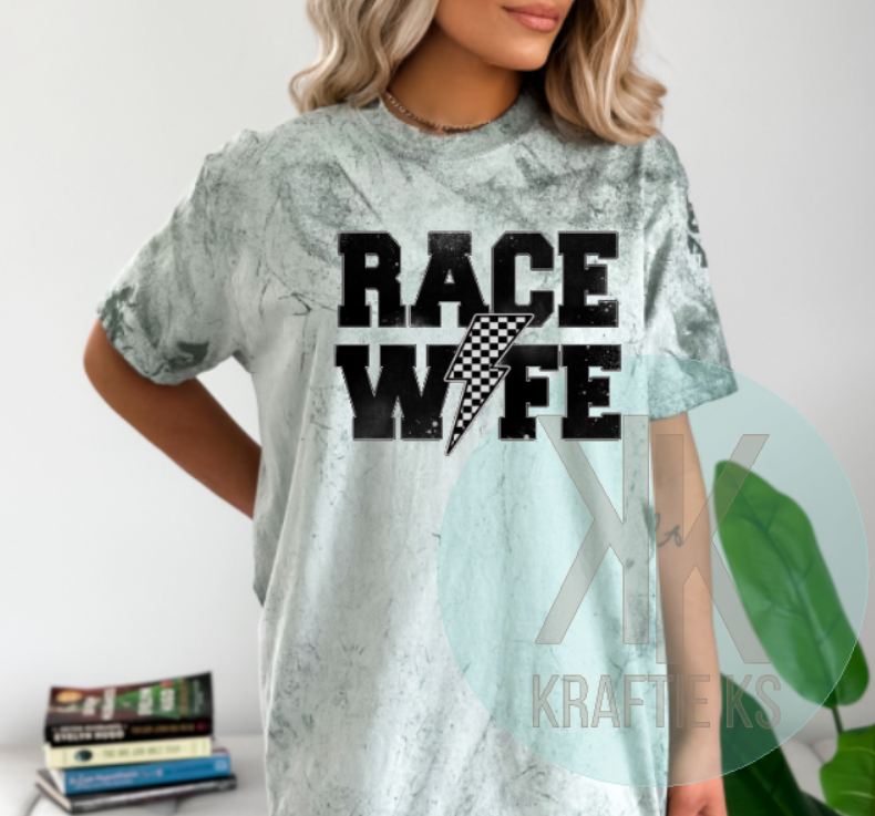 Race Wife Checkered Lightning Bolt, Race Wife, Racing Wife, Moto Wife, Quad Wife, Four Wheeler Wife, Race Day Shirt, Comfort Color Shirt, Comfort Color Blast, Racing, Kraftie Ks, Racing T Shirt, Race Day 